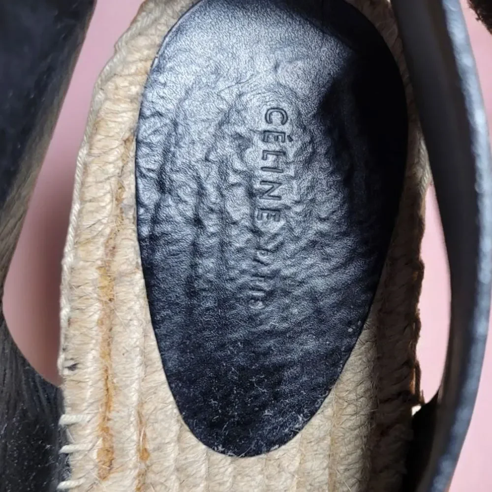 Celine Paris French Girl Crosta Fossil Black Leather Espadrille Wedge Sandals